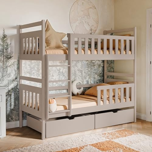 Etagenbett, Kinder, Kinderbett, 90x200 cm Bett | Mit 2 Schubladen, senkrechter Leiter & Absturzsicherung | Platzsparendes Hochbett für das Kinderzimmer | 97x208x171 cm (BxTxH) | Kaschmir
