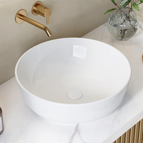 HOROW Rund Aufsatzwaschbecken Weiß Handwaschbecken ohne Hahnloch, Kleines Waschbecken 40 cm, ultradünner Rand, 1280℃ gebrannt, schnell entwässernd für Badezimmer & Gäste-WC