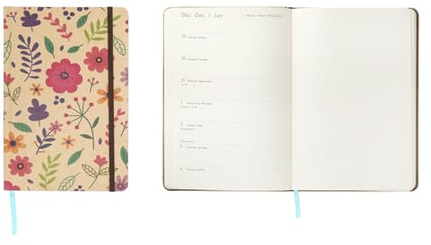 Idena 12070 – fickkalender 2026 i formatet 9 x 14 cm, 1 vecka på 1 sida, mötesplanerare i ljusbrunt med blommotiv, gummiband, innerficka och läsband