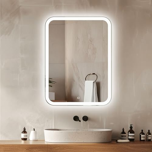 Venti 50x70cm Badspiegel mit Beleuchtung, Badezimmerspiegel mit Beleuchtung, LED Badspiegel, Vertikaler Spiegel, Beleuchteter Wandspiegel, Bad Spiegel mit Licht, Badezimmerspiegel mit Touchschalter