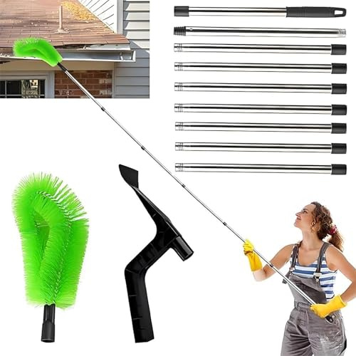 Nettoyeur de gouttières 390 cm - Brosse et cuillère de nettoyage 2 en 1 - Brosse de nettoyage de gouttières avec tige télescopique en acier inoxydable pour feuilles, fenêtres, toits de tuyaux de