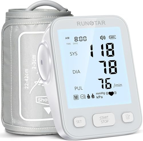 Runstar Tensiometro de brazo con brazalete de amplio rango (22cm-42cm) para uso doméstico, tensiómetro digital automático con bolsa de almacenamiento y memoria de 2x99 lecturas, gris