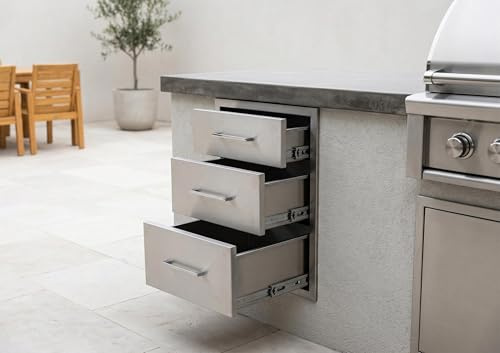 GarveeHome Cajón Triple de Acero Inoxidable para Cocina Exterior - Almacenamiento Empotrado Resistente en Isla de Barbacoa o Parrilla - Guías de Bola y fácil Uso - Medidas: 18 An x 21 Al x 23 Pr -