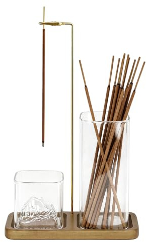 Luckwaii Incense Sticks Holder with Removable Mountain Glass Ash Catcher | Inverted Incense Clip, Wooden Incense Holders Upside Down Insensé Burner Agarbatti Stand for Meditation Yoga Spa Room Decor