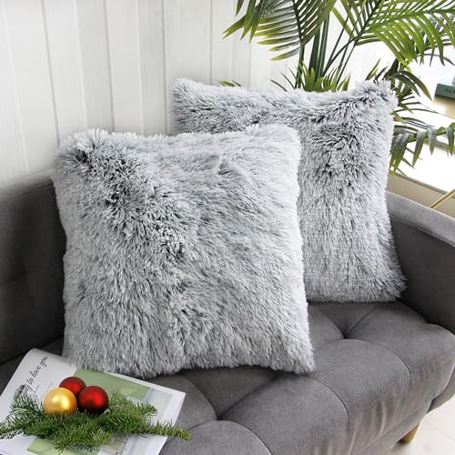 Uhomy Confezione da 2 federe decorative per cuscini della serie Luxury Super Soft in finta pelliccia, per divano o letto, grigio sfumato, soffici, double face, 45 x 45 cm