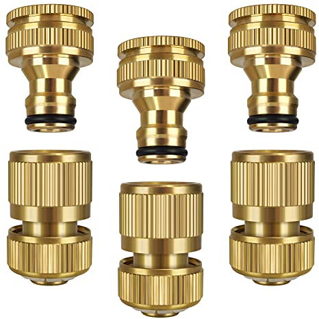 Garden Hose Connector, Solid Brass Garden Tap Connector, 1/2 Inch and 3/4 Inch 2-in-1 Faucet Connector, 1/2 Inch Quick Connect Garden Hose Fittings, Thread Easy Connect Faucet Adapter (6 Pack)