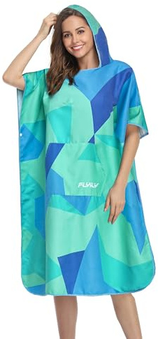 FLYILY Serviette Poncho Ultra légère et, Surfing Changement Serviette Robe avec Capuche Microfibre(GreenGeometry,L)