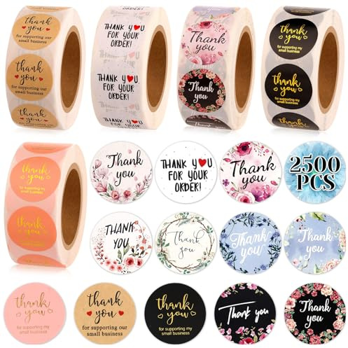 Thank You Small Stickers Rolls, 2500Pcs 1 Inch Thank You for Supporting My Small Business Envelope Seals, 5 Rolls 12 Patterns for Wedding, Birthday, Party Gift Wrap Bag