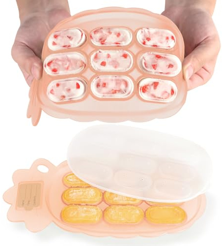 haakaa Bandejas para congeladores de alimentos para bebés, contenedores de almacenamiento de alimentos para bebés, bandeja de cubitos de hielo de silicona con tapa, 4 m + bebé, Colorete de piña
