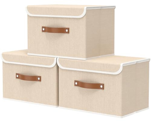 OUTBROS Cajas Almacenaje Lavable, Cubos de Ropa, Cesta de Almacenamiento Plegable, Juegos de Organizadoras con Tapa y Asa, Contenedores de Tela para Ropa, 45 x 30 x 30 cm, 3 unidades, Beige