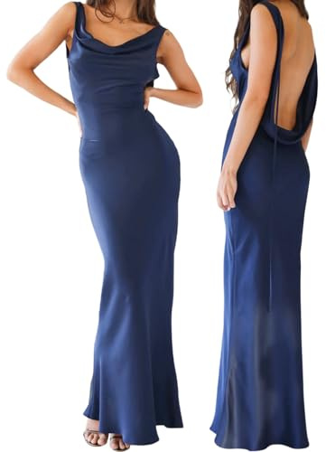 MAHUAOYIXI Robe maxi pour femme élégante dos nu robe de cocktail sans manches femme mince taille haute robe de soirée femme sexy sans manches, Marine, S