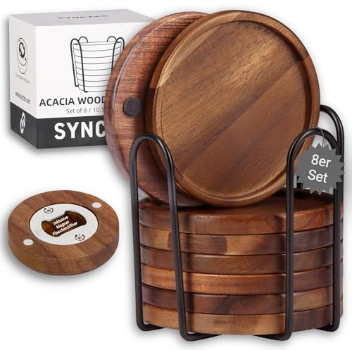 Synctos Holzuntersetzer Rund - 8 Stück - Getränkeuntersetzer aus Natürliches Akazienholz mit Metallhalter & Flaschenöffner Magnet - Perfekte Untersetzer für Gläser & Tassen - Holzteller Rund Design