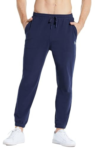 baleaf Pantalon de survêtement en coton pour homme, 68,6 cm, pour le sport, la course à pied, la randonnée, le jogging, pyjama léger à poches, longueur 7/8, bleu marine, L