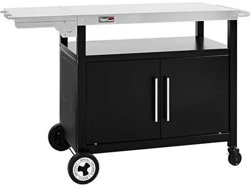 Royal Gourmet Chariot de Barbecue avec Porte d'Armoire, Desserte Extérieure pour Plancha avec Dessus de Table en Acier INOX 85 x 50cm et Table d'Appoint Pliable de 30 x 50cm, pour Cuisine et Jardin