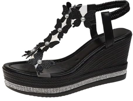 Xbemkste Sandaler med kilklack Damplatå Sandaler Högklackade Sandaletter med Glitter Strass-Fjäril Eleganta sommarsandaler för fest Bröllop, svart, 39 EU