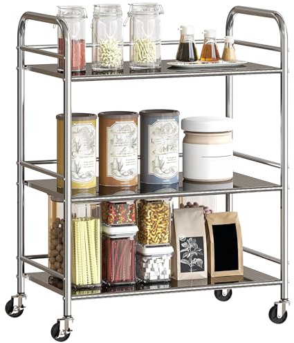 HOMCOM Carrito Auxiliar con Ruedas de Acero Inoxidable, Carro de Servicio de 3 Niveles con Estante Ajustable, 4 Ruedas, Carrito para Cocina, Restaurante, 60x35x77 cm, Plata
