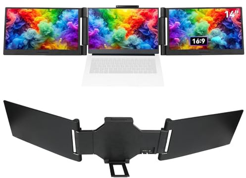 VBESTLIFE 14,1 Tum Dubbla Bärbara Bildskärmar, Trippelskärmsarbetsstation med Inbyggd Stativ för 13-17,3 Tum Bärbara Datorer, Roterbara Full HD 1080p-skärmar (EU)