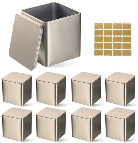 ECVUKQ 8 Stück Teedosen für Losen Tee, 8.6 × 8.5 × 8.5 cm Klassische Eckige Teedose Metall Tee Aufbewahrung Silber Teebehälter mit 20 Etiketten ideal als Mehl Reis oder Keksdose