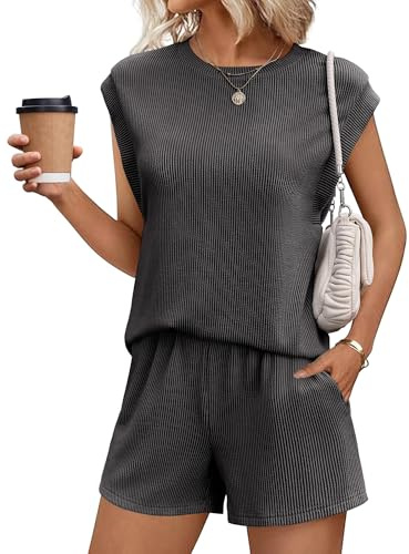 Ekouaer 2 Piece Set for Women Summer Casual Lounge Shorts Sets Cap Sleeve Sweatsuit Beach Vacation Outfits with Pocket Grey XX-Large