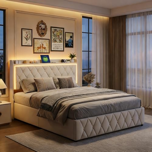 HYNHXBP Lit Coffre 160x200cm avec LED et USB, Lit Double Rembourré en Velours Beige avec Sommier à Lattes, Tête de Lit avec Rangement, Cadre de Lit Capitonné pour Adultes et Adolescents