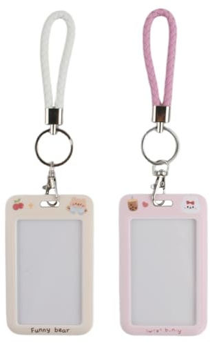 Set med 2 brickhållare, kawaii-korthållare med snöre, söt tecknad björnhållare för busskort, transport och student, fotohållare