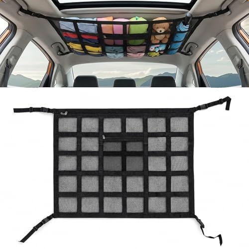 Red de equipaje para coche, red de techo reforzada en forma de X para | Red de almacenamiento elástica para el maletero del coche de 90 x 65 cm, con refuerzo en X, universal para
