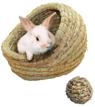 kathson Rabbit Grass House Bunny Woven Hay Bed Guinea Pig Hideout Hand Woven Natural Grass House for Hamster and Small Animals with Hay Chew Balls Toys
