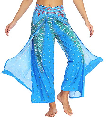 Nuofengkudu Hippie, långa byxor med slits, lösa vida ben, yogabyxor, sommarbyxor, Blå påfågel, XL