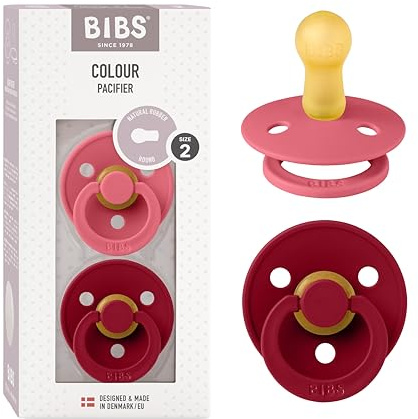 BIBS Colour Soother 2-Pack, BPA Free Dummy Pacifier, Round Nipple. Natural Rubber Latex, Size 2 (6-18 Months), Coral/Ruby