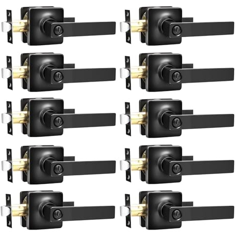 GOBEKOR 10 Pack Matte Black Privacy Door Levers Bedroom Door Handle with Lock Interior Door Handles Keyless Door Lock Straight Bed/Bath Lever