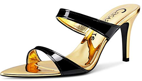 Castamere Escarpins Femme Bout Ouvert Sandales Bride Cheville Slingback Aiguille Talon 8CM Noir Or Chaussures EU 43.5
