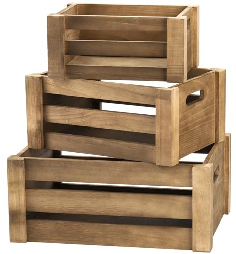 Lawei Set of 3 Wood Nesting Storage Crates with Handle, Rustic Farmhouse Decorative Wooden Crates Distressed Crates Storage Container for Display, Large Vintage Wood Decor Crates Wooden Baskets