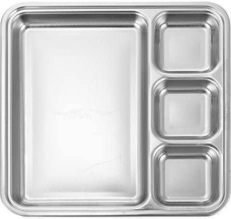 Lurrose Stainless Steel Plate 4 Compartments Divided Menu Tray Dinner Plate Divider Plate Canteen Tray Food Tray for School Buffet Lunch Silver