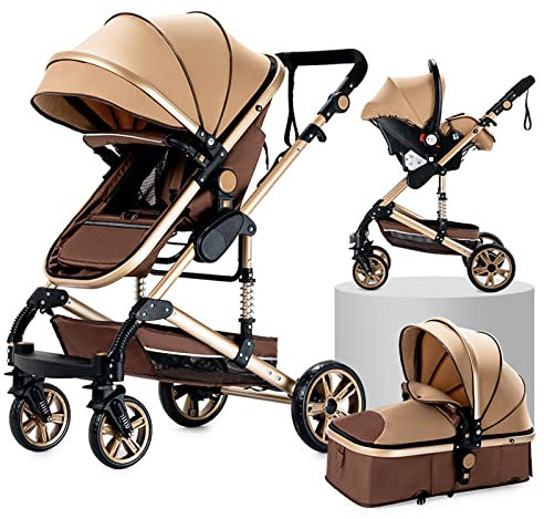 Magic ZC Kinderwagen 3 in 1, Kinderwagen mit Faltbarem Tragbarem One-Click-Design, Buggy mit Umkehrbarem Zwei-Wege-Schub, Kinderwagen 3 in 1 Komplettset mit Zubehör Hohe Landschaft (739 Beige)
