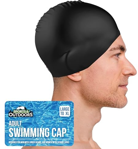 SOL 1 bonnet de bain adulte XL en silicone noir imperméable pour hommes et femmes avec une plus grande tête idéale pour les cheveux longs et épais, dreadlocks, tissage, extensions afro et boucles