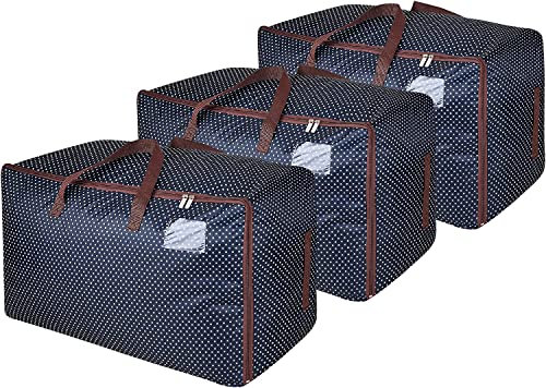 DOKEHOM 3 Stück 105L Extra Großen Kleiderständer Unterbettkommoden, Faltbare Organisator-Beutel für Deckbetten (Blau) EINWEG