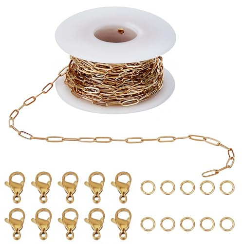 SUNNYCLUE 32.8 Pie / 10m Bobina de Cadena de Clip de Papel Cadenas de Clip de Papel de Acero Inoxidable Dorado 50 piezas Anillos de Salto Abiertos 20 piezas Cierres de Pinza de Langosta para Bisutería