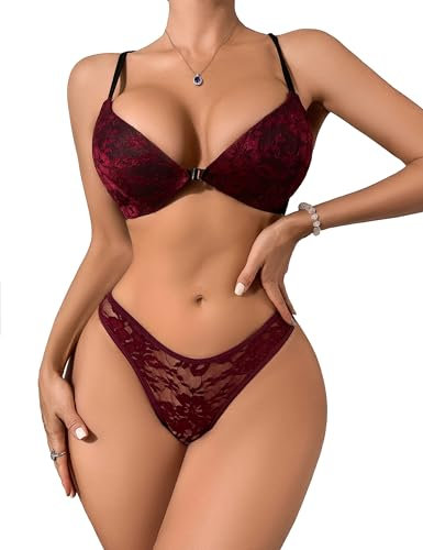 YCAngela Sexy Lace Floral Padded Bra and Knicker Sets for Women, Strappy Bras & Thong Panties Lingerie Set Wine Red S