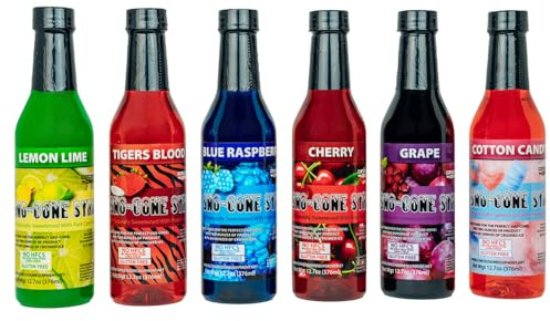 Concession Express® Pure Cane Sugar Sno-Cone Syrup Variety Pack (6 Flavors, 12.7 oz Each) – Blue Raspberry, Cherry, Cotton Candy, Grape, Lemon-Lime & Tiger’s Blood – No High Fructose Corn Syrup – Perfect for Shaved Ice & Snow Cones