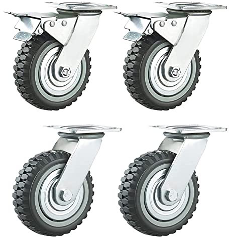 Lesolar 4 Pack 8 Inch Heavy Duty Castors 200mm Solid Rubber Industrial Castors 360-degree Swivel Casters Bearing Plate Caster Wheels Load Capacity 1400 Kg 2 Swivel (No Brake) + 2 Swivel with Brake