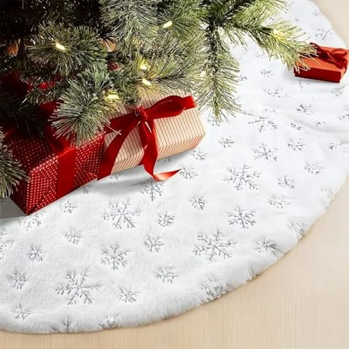White Christmas Tree Skirt with Snowflake Design Plush Luxury Faux Fur Tree Mat with Silver Embroidered Sequin Print, 90cm Snowflake Base Cover Xmas Tree Base Cover, Holiday Party Home Decoration