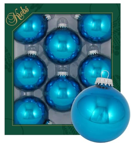 Krebs Glas Lauscha - Decoración de Navidad/Adornos para árbol de Navidad de cristal - Bolas de colores lisos - Cantidad: 8 unidades - Color: azul Hawai - Tamaño: 7 cm aprox