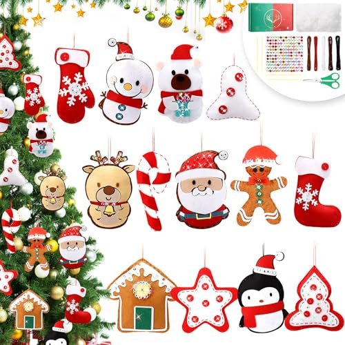 HunnmingRe 13 Pcs Christmas Ornaments for Tree Felt Santa Claus Snowman Gingerbread Hanging Decorations Craft Fabric Sewing Kit for Christmas Party Favors DIY Activities Making Gifts