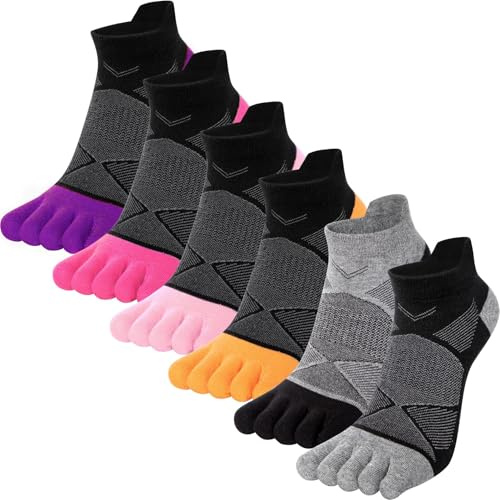 Kevaler Womens Running Cushion Socks Toe Socks Cushioned Cotton Ankle Sports Socks Five Finger Athletic Socks Low Cut Trainer Socks Breathable Sweat-Wicking - 6 Pairs