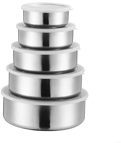 Drhomeam Set of 5 Pcs Stainless Steel Bowls with Plastic Lids, Reusable Round Food Storage Containers, Metal Food Containers Bowls for Lunch Box Snacks Dishwasher Freezer