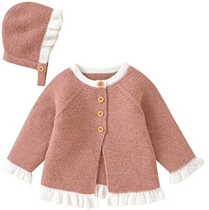 Chaqueta de punto tradicional para niños y niñas, suéter para niño pequeño, sólido con volantes, abrigo con sombrero, gorros, trajes, ropa para niños, cárdigan para niñas, Rosa., 6-9 meses