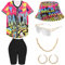 WILDPARTY 80er 90er Jahre Outfit Damen, Hip Hop Kostüm Lockere Oberteile Yoga Hose Fischerhüte Gläser Ohrringe Halskette, 1980 Accessoires Bunte Rapper Shirt Karneval Mottoparty Bad Taste