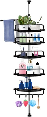 BBWELL Duschregal Teleskop ohne Bohren,Regale für das Bad,Eckregal,Shampoo Halterung,Edelstahl,mit 5 Ablagen und 1 Handtuchhalter,4 Häkchen für Dusche Bad und Haushalt höhenverstellbar von 60-308 cm