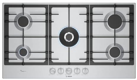 Bosch PCR9A5I90 Serie 6 - Placa de gas FlameSelect con asas magnéticas extraíbles, WOK, parrillas de hierro fundido, acero, 90 cm