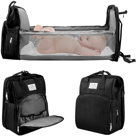 ExKeen Sac à Langer pour Poussette, Sac à Dos Portable Change Bébé Grande Taille Noir avec Fonction Lit Pliant pour Voyage, Sac de Transport Sac Bébé pour Maman et Papa